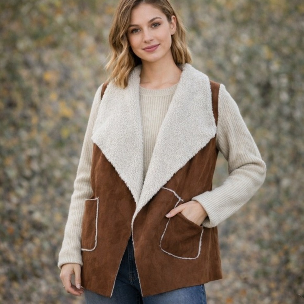 Moth Anthropologie Sweater Jacket Women M Brown Faux Suede Shearling Boho Wesern